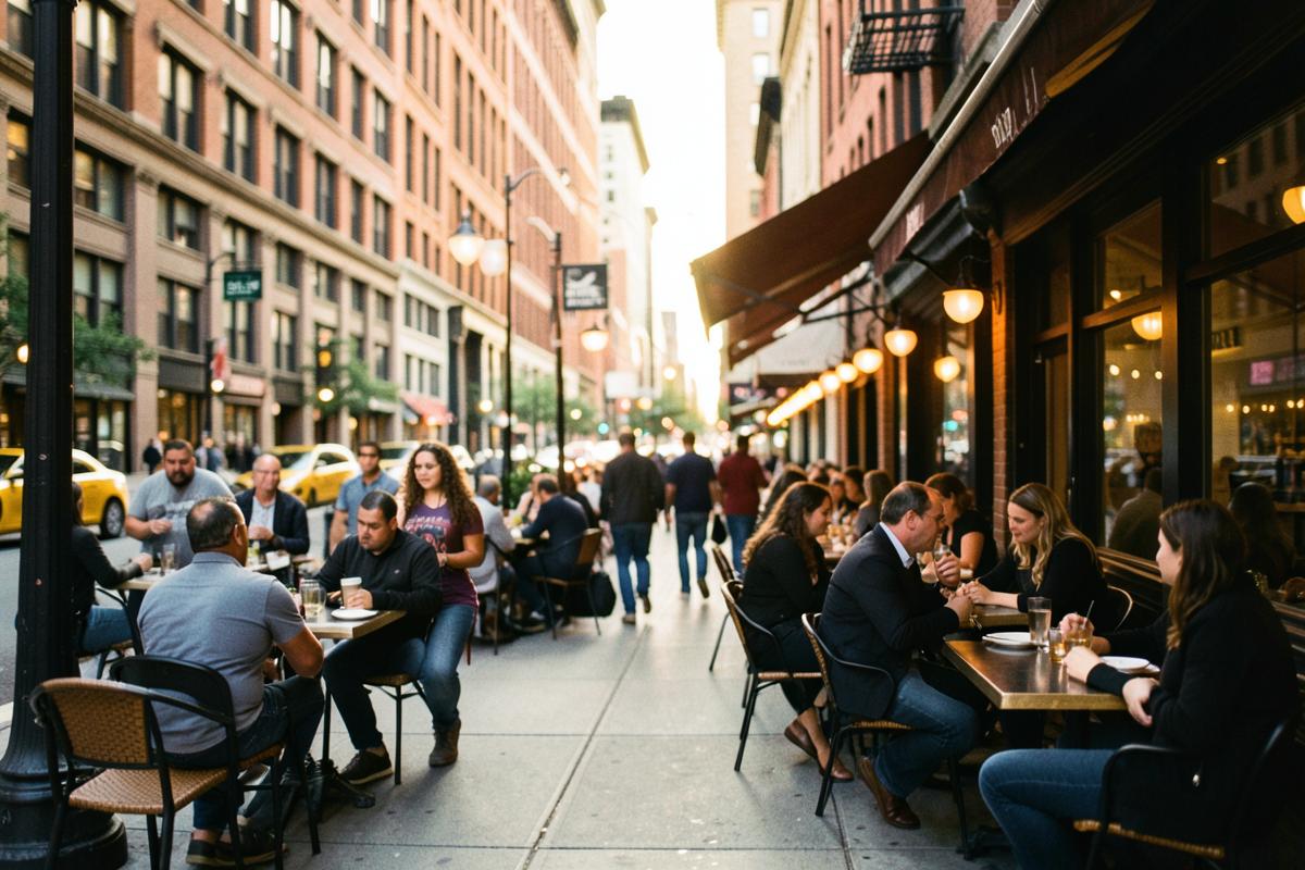 Busy West Loop restaurant street with sidewalk patio dining at golden hour