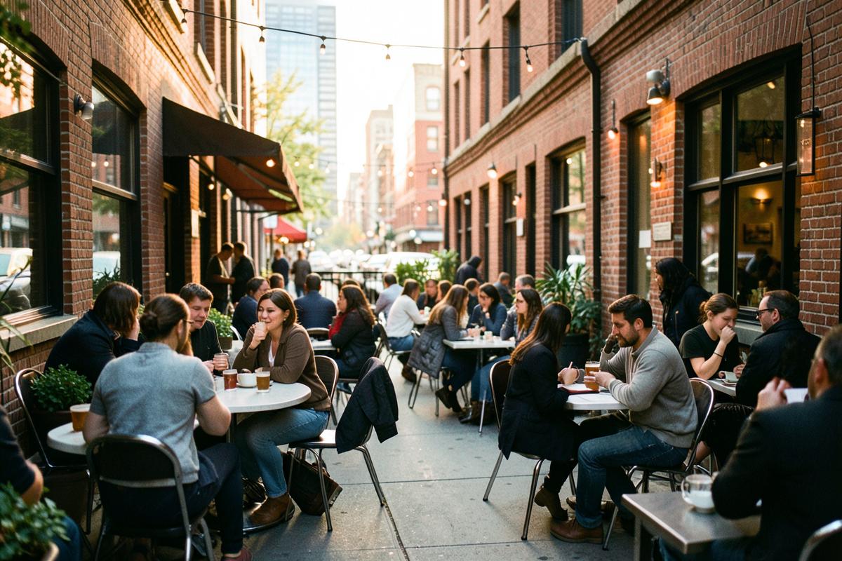 Cafe terrace guests seated along a Chicago brick warehouse street