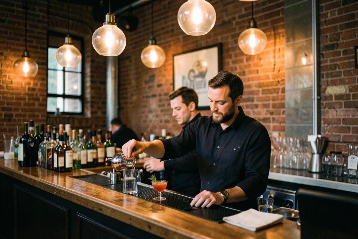 Bartender preparing a cocktail in a warmly lit Chicago bar