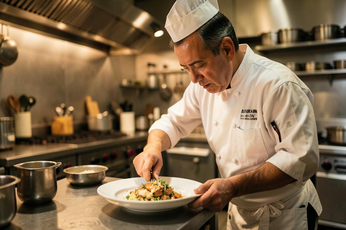 Chef plating a dish in a professional restaurant kitchen