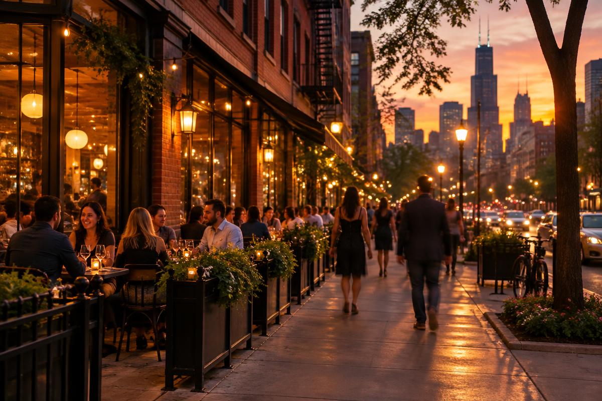 Evening city street with glowing restaurant lights and pedestrians